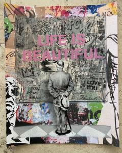 Mixed media acrylic on paper by the Los Angeles street artist known as Mr. Brainwash (Thierry Guetta, b. 1966 in France), titled Street Connoisseur / Life is Beautiful (est. $4,500-$9,000).