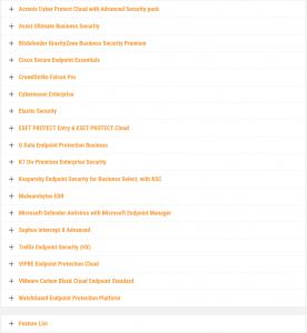 AV-Comparatives names of products and feature list in a list for reviews oft he Long-Term Enterprise & Business IT Security Test 2022 on the website