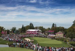 A VIEW OF THE 18TH GREEN AT THE AMUNDI EVIAN CHAMPIONSHIP IN 2018