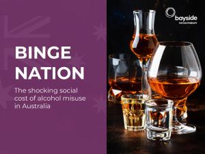 Illustration about binge drinking with the Australian flag and a purple background and a photography with glasses filled with alcohol looking like whiskey, vodka and bourbon