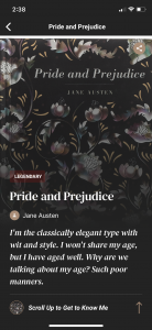 The Booky Call dating profile for "Pride & Prejudice"