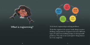 Sample page from Women in Engineering showing the protagonist asking what is engineering?
