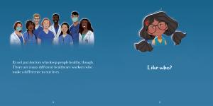 Sample page from Women in Medicine showing the protagonist asking about types of healthcare workers