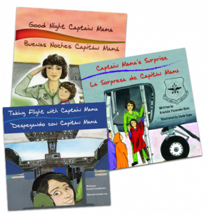Three colorful book covers of the award-winning, bilingual Captain Mama children's aviation book trilogy. CaptainMama.com